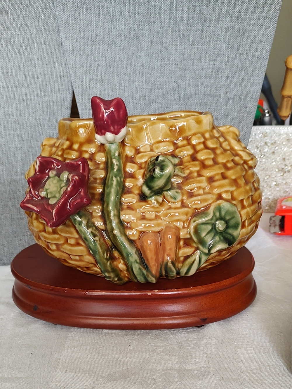 Mid-Century Majolica Style Vase, Basket Weave Ceramic with Flowers & Frog